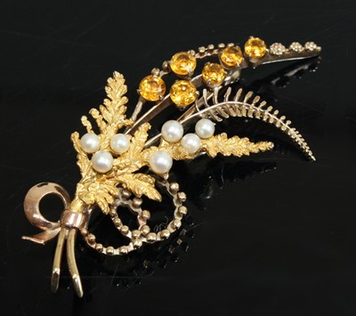 Lot 2705 - A 9ct yellow gold, citrine and pearl foliate...