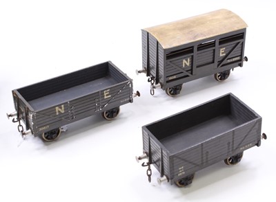 Lot 110 - Three Gauge 1 wooden goods wagons NE: 8-plank...