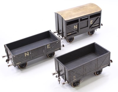 Lot 110 - Three Gauge 1 wooden goods wagons NE: 8-plank...