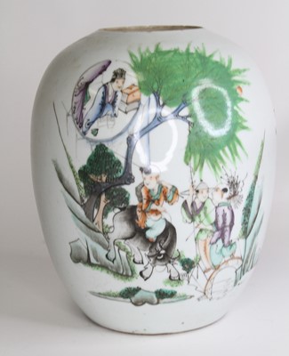 Lot 4 - A Chinese porcelain urn, painted with warriors...