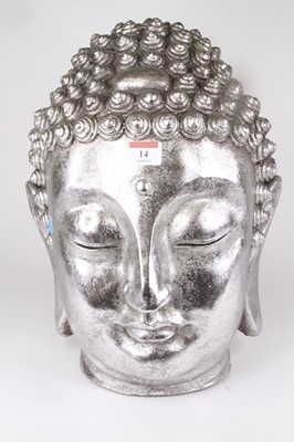 Lot 14 - A silver painted model of a Buddha's head, h.42cm