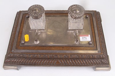 Lot 271 - A silver mounted oak double inkwell, bearing...