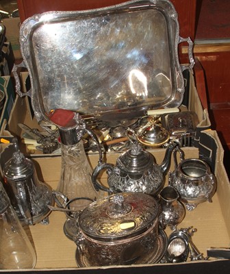 Lot 278 - Two boxes of mixed silver plated wares, to...