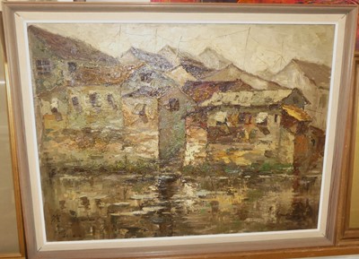 Lot 1003 - Contemporary school - Harbour scene, palette...