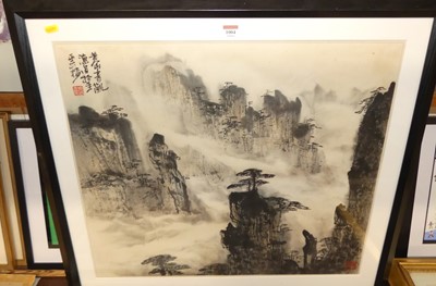 Lot 1004 - A Japanese sepia watercolour landscape, signed...