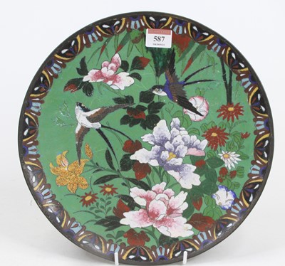 Lot 587 - A Chinese cloisonne enamel decorated dish, dia....