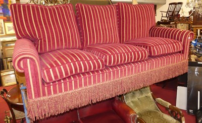 Lot 1305 - A good quality red fabric striped upholstered...