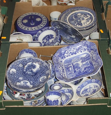 Lot 704 - Two boxes of blue and white transfer decorated...