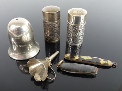 Lot 376 - A miniature silver bell shaped pill box;...