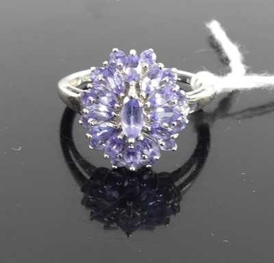 Lot 421 - A modern 9ct white gold tanzanite set flower...