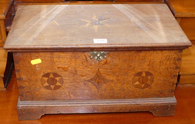 Lot 1418 - An 18th century oak and inlaid hinge top deed...