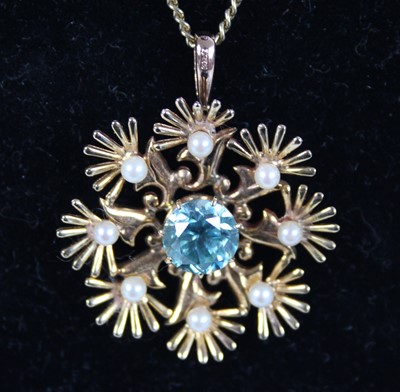 Lot 2237 - A 9ct yellow gold, zircon and pearl eight-ray...