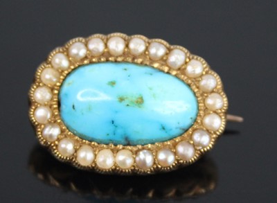 Lot 2657 - A yellow metal, turquoise and pearl oval...