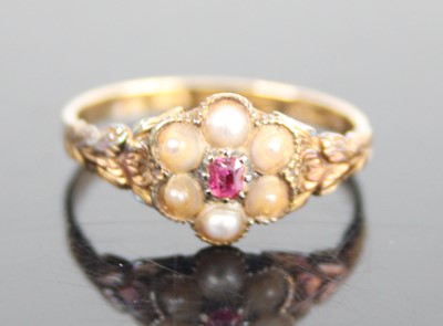 Lot 2658 - A 12ct yellow gold, ruby and pearl cluster...