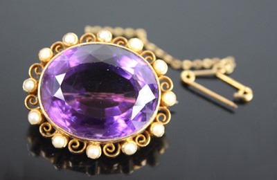 Lot 2660 - A yellow metal, amethyst and pearl oval...