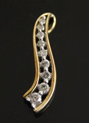 Lot 2825 - A yellow metal diamond curved bar pendant,...