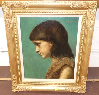Lot 1025 - G. Colombiel - Profile portrait of a girl, oil...
