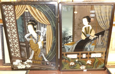 Lot 1044 - A pair of Japanese reverse paintings on glass,...