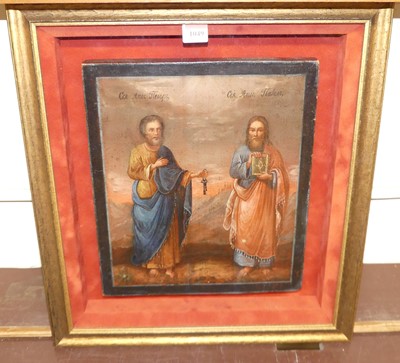 Lot 1049 - A religious icon depicting two saints, oil on...