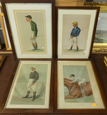 Lot 1054 - Ten various oak framed Spy prints of jockeys,...