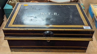 Lot 619 - A vintage metal fireproof document box,...