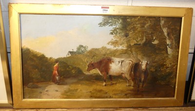 Lot 1066 - H Dawson - Milking time, oil on canvas, signed...