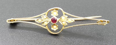 Lot 318 - A 15ct gold seed pearl and ruby set openwork...