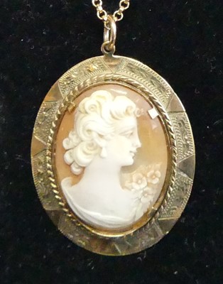 Lot 373 - A carved shell cameo pendant in 9ct gold mount,...