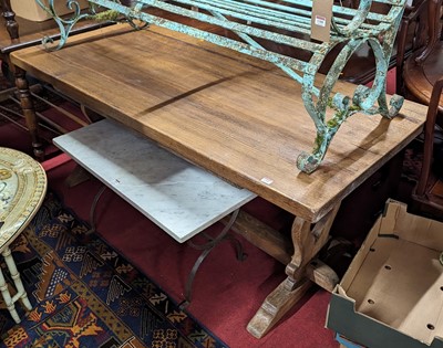 Lot 1310 - An elm rectangular trestle end refectory...