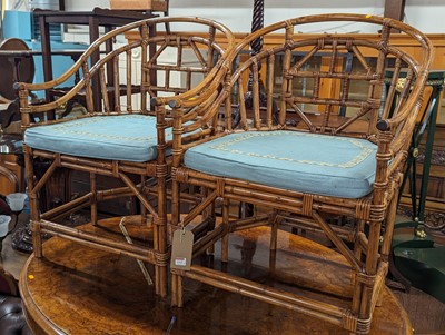 Lot 1312 - A pair of stained bamboo and wicker tub elbow...