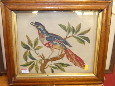 Lot 1128 - A birds-eye maple framed woolwork, 27 x 34cm;...