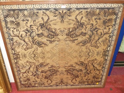 Lot 1138 - A continental woolwork panel in oak glazed...