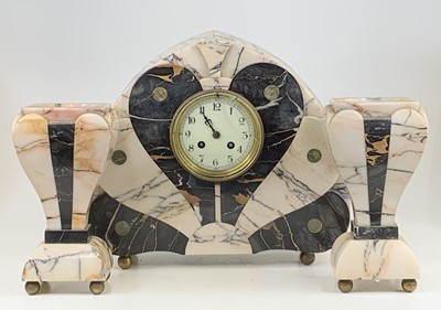 Lot 1582 - An Art Deco marble three-piece clock garniture,...