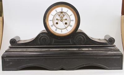 Lot 1618 - A late Victorian slate drumhead mantel clock,...