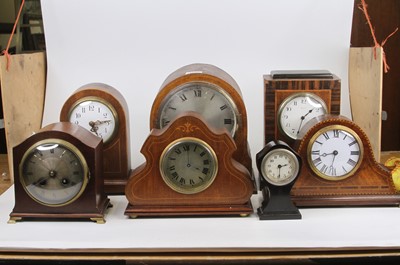 Lot 1619 - A collection of English inlaid mantel clocks,...