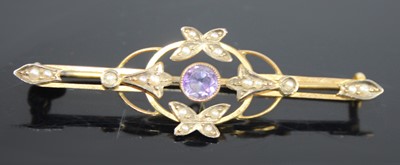 Lot 2856 - An Edwardian 9ct gold, amethyst and seed pearl...