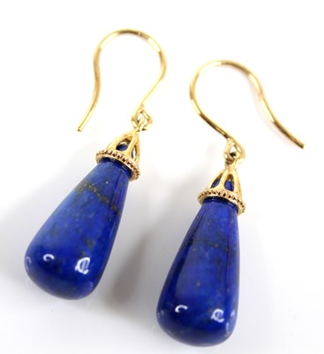 Lot 2457 - A pair of 9ct gold and lapis lazuli ear...