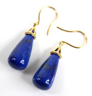 Lot 2457 - A pair of 9ct gold and lapis lazuli ear...