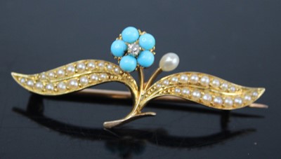 Lot 2808 - A yellow metal, seed pearl, turquoise and...