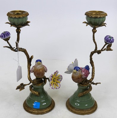 Lot 9 - A pair of brass and porcelain table...