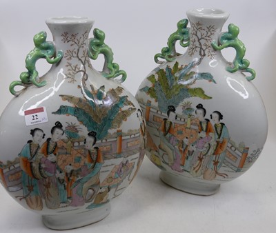 Lot 22 - A pair of Chinese porcelain moon flasks, each...