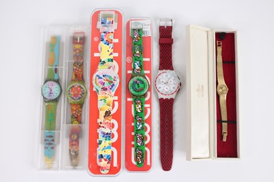 Lot 384 - Five various Swatch lady's and gent's...