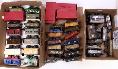 Lot 254 - Two trays Hornby 0-gauge goods wagons from all...