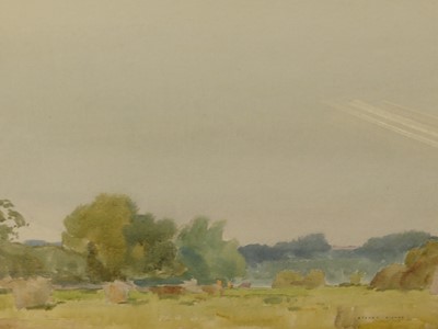 Lot 1053 - L Coxall - Suffolk landscape with windmill,...