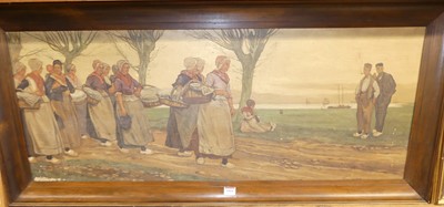 Lot 1060 - After Henry Cassiers - Dutch Farmgirls, oil on...