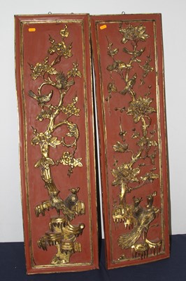 Lot 581 - A pair of Chinese red lacquered and gilt high...