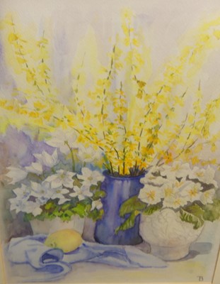 Lot 1122 - Beryl Taylor - Forsythia in blue pot,...