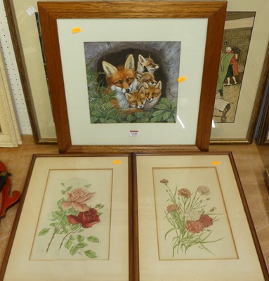 Lot 1140 - Daphne Baxter - Family of foxes, gouache;...