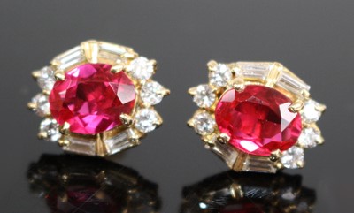 Lot 2220 - A pair of yellow metal synthetic ruby and...