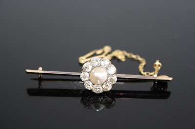 Lot 2203 - A yellow metal, pearl and diamond bar brooch,...